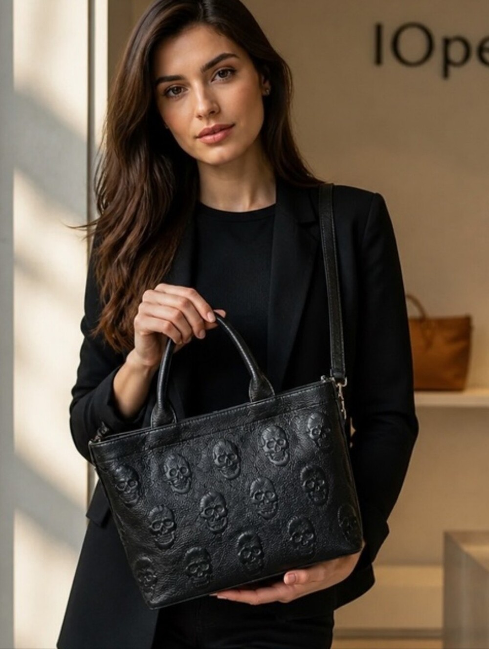 NWT IOpelle Embossed Skull Leather Tote Bag. Made In Italy